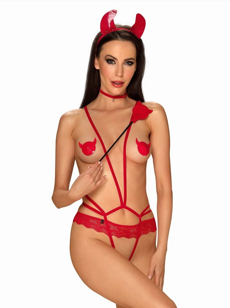 Ďábelské body Obsessive Evilia teddy - červená - L/XL