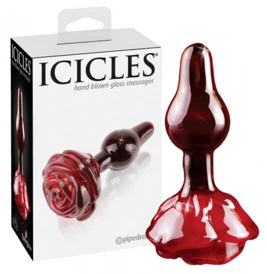 Icicles No. 76 - skleněný anální kolík s růží (bordový)