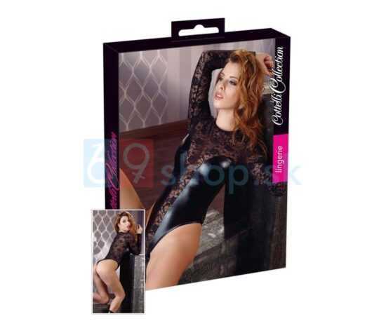 Krajkové sexy body s dlouhými rukávy z krajky s bočními mokrými částmi vpředu.