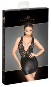Noir - Shiny Mini Dress with Floral Lace Insert (Black)